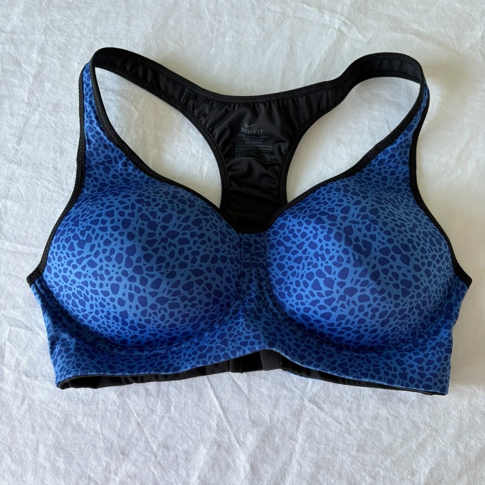 Nike‎ Dri-Fit Womens Blue Leopard Print Stretch Pullover Sports Bra Size 32C